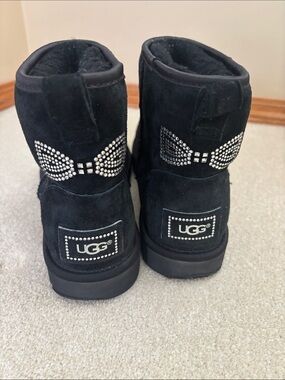 UGG Black Mini Boots with Crystal Bow Detail
